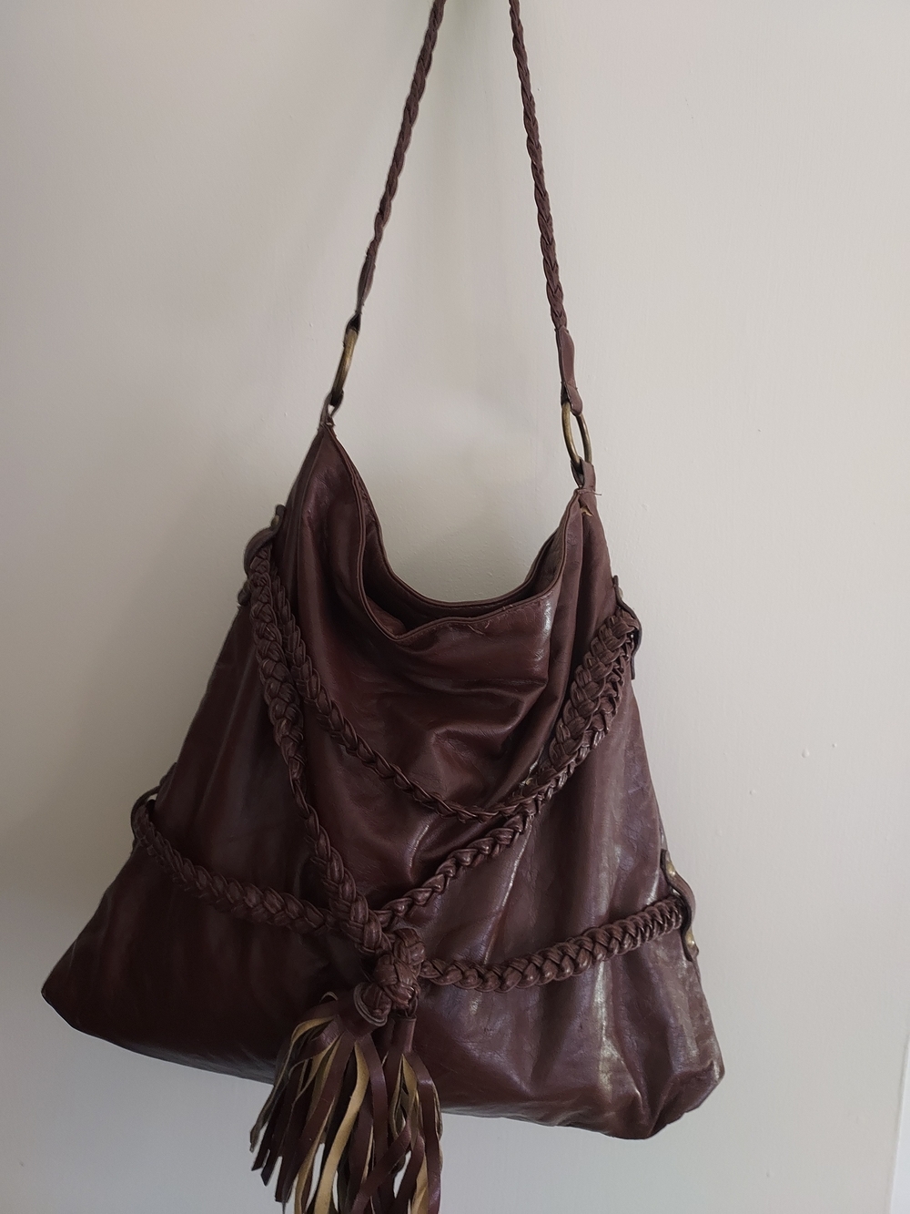 Braided Tassel Hobo Bag in Deep Brown Leather